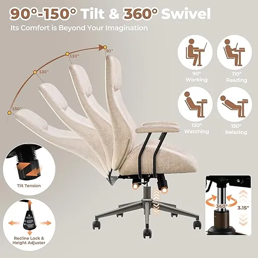 ovios Ergonomic Home Office Chair, High Back Mid-Century Modern Suede Leather Chair with Lumbar Support, Comfy Swivel Rolling Task Computer Chairs for Executive, Beige