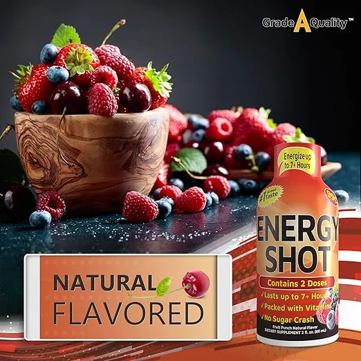 Grade A Quality Shots, Fruit Punch Flavor, Up to 7+ Hours of Energy, 1.93 Fl Oz, 12 Count