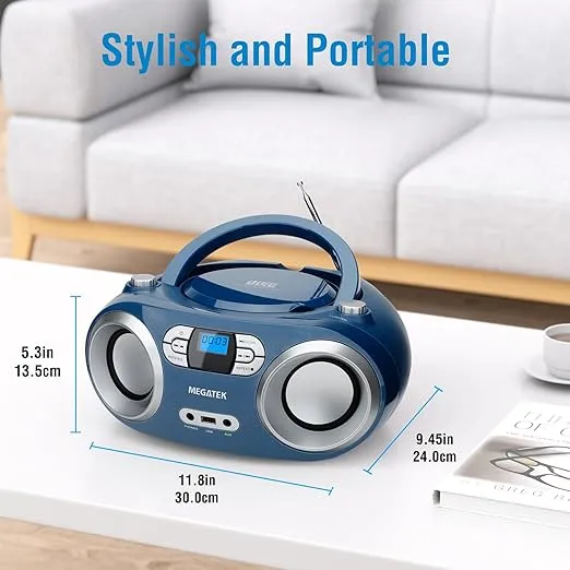 MEGATEK Portable CD Player Boombox with FM Radio, Bluetooth, and USB Port | Clear Stereo Sound | CD-R/RW and MP3 CDs Compatible | 3.5mm Aux Input and Headphone Jack | Backlit LCD Display - Blue Jay