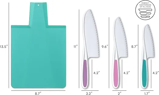 TOVLA JR. Kids Real Kitchen Knife and Foldable Cutting Board Set: Safe Children's Cooking Knives Firm Grip, Serrated Edges, BPA-Free Kids' Knives Lettuce and Salad