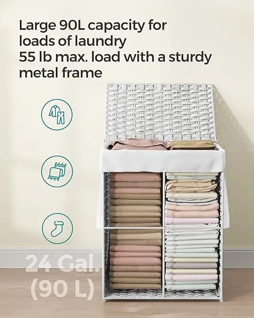 SONGMICS Laundry Hamper with Lid, 23.8 Gallon (90 L) Synthetic Rattan Clothes Laundry Basket with Lid and Handles, Foldable, Removable Liner, Cloud White ULCB51WT