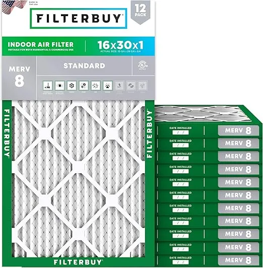 Filterbuy 16x30x1 Air Filter MERV 8 Dust Defense (12-Pack), Pleated HVAC AC Furnace Air Filters Replacement (Actual Size: 15.75 x 29.75 x 0.75 Inches)