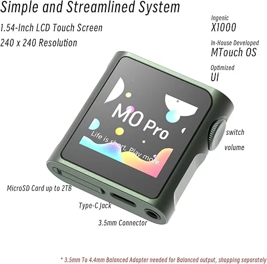 SHANLING M0 Pro MP3 Player with Bluetooth,Hi-Res Portable Music Player,Digital Audio Player 1.54” HD Touch Screen up to 15 Hour Battery Bluetooth and USB Type-C dongle 3.5mm Jacks