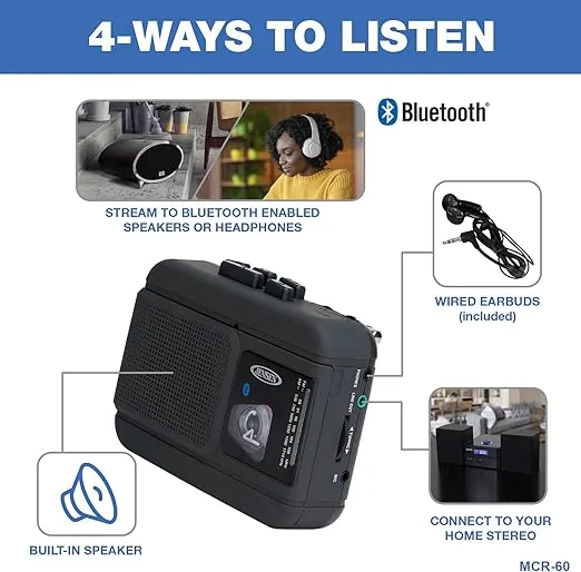 JENSEN MCR-60 MCR-60 Portable Personal Cassette Player/Recorder with AM/FM Radio, Bluetooth, and Earbuds, Black