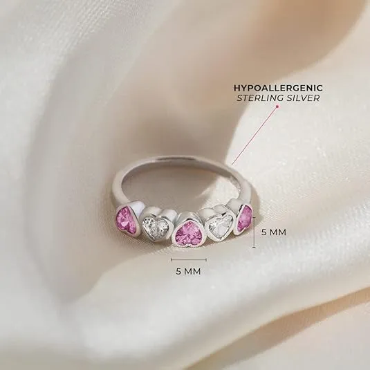 925 Sterling Silver Pink & Clear Hearts Cubic Zirconia Ring for Young Girls & Preteens - Cute Heart CZ Ring Band for Children's Daily Accessory - Fashionable Jewelries for Toddlers or Little Girls
