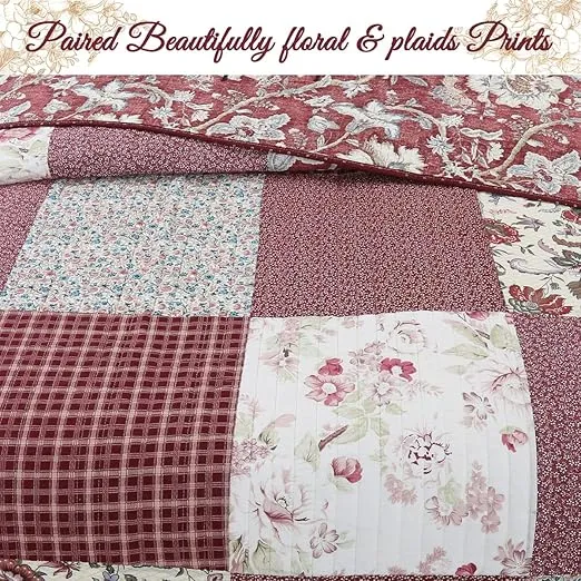Cozy Line Home Fashions 100% Cotton True Patchwork Reversible Red Rose Plaid Floral Quilt Bedding Set, Coverlet Bedspread (Vintage Garden, Queen - 3 Piece)