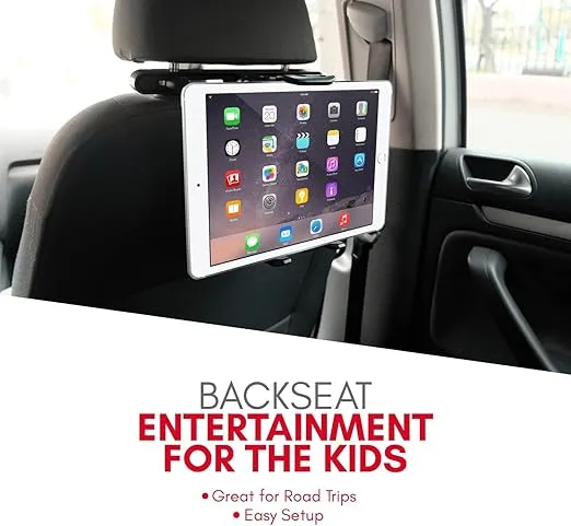 Macally Adjustable Car Headrest Mount - Headrest Tablet Holder for 7” to 10” Tablets - Fits Most Seats with Strong Mounting Clamps - Easy to Use iPad Headrest Mount - Perfect for Kids & Long Trips, 0.5 pounds
