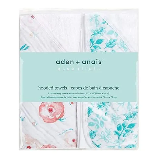 aden + anais Baby Hooded Towel|100% Terry Cotton Soft Baby Bath Towel for Kids, Toddlers, Infants| Newborn Girl and Boy Baby Wrap Towel, 2 Pack, Full Bloom