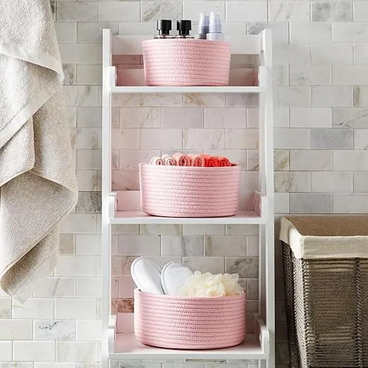 Farmlyn Creek 3-Pack Cotton Woven Baskets for Storage, Pink Rope Montessori Organizer Set for Storing Toys, Household Items, Supplies (3 Sizes in Small, Medium and Large)