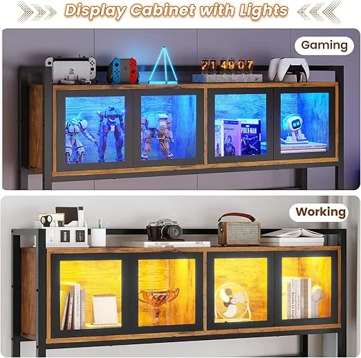 SEDETA L Shaped Gaming Desk with Drawers, L Shaped Computer Desk with Hutch and Storage Shelves, Gaming Desk with Pegboard, Led Lights, and Power Outlet, Home Office Desk, Corner Desk, Rustic Brown
