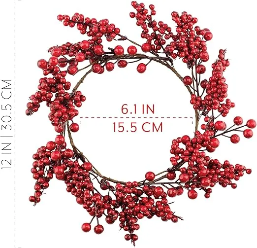 AuldHome Design Christmas Greenery Candle Wreaths (2-Pack, Red Berry); Holiday Winter and Wedding Decor Candle Rings