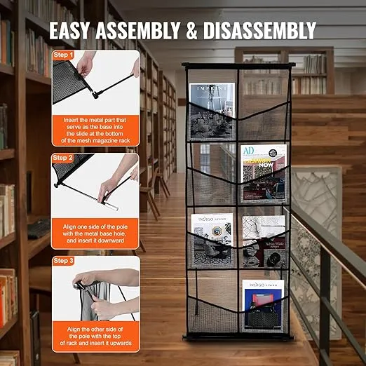 VEVOR Literature Stand, 4-Level 8 Compartments, Mesh Brochure and Magazine Holder, Freestanding Catalog Organizer, Easy to Move with Included Carry Bag for Retail, Shows, and Office Use