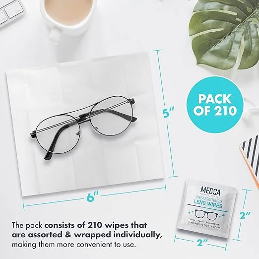 MEDca Lens Cleaning Wipes - [210 Pack] Pre Moistened Cleansing Cloths and Individually Wrapped Eyeglass Cleaner Wipe Pads for Phones, Tablet Screens