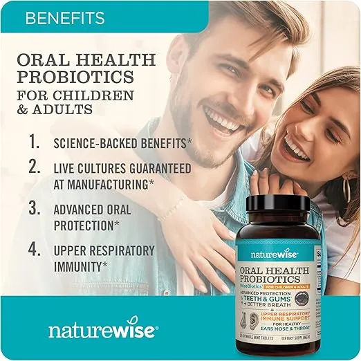 NatureWise Oral Probiotics for Teeth & Gums & Fresh Breath* - Chewable Probiotic - Non-GMO Sugar-Free Mint Tablet - Dental Probiotic for Kids & Adults w/ BLIS K12 & M18 - 50 Count[50-Day Supply]