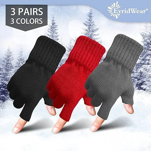 Evridwear 3 Pairs Winter Touchscreen Fingerless Gloves Cold Weather Thermal Warm Glove for Men Women