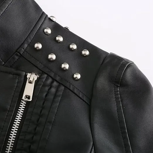 Women's Rivet Studded Faux Leather Motorcycle Short Jacket Punk Fashion Streetwear Coat