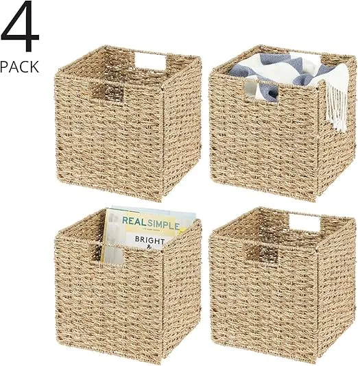mDesign Seagrass Woven Cube Basket Organizer with Handles - Storage for Bedroom, Office, Living Room, Bathroom, Perfect for Cubby Storage Units - Hold Blankets, Magazines, Books - 4 Pack - Natural/Tan