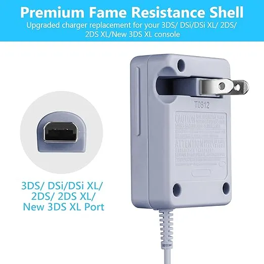 3DS Charger, 2DS Charger AC Adapter Compatible with Nintendo 3DS/ DSi/DSi XL/ 2DS/ 2DS XL/New 3DS XL 100-240V Home Wall Plug