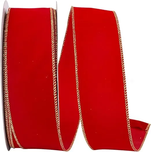 Homeford Velvet Christmas Ribbon Wired Edge, 2-1/2-Inch, Red/Gold