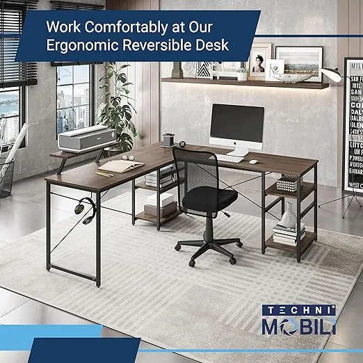 Techni Mobili Office Desk - Reversible L Shaped Desk with Storage Shelves, Monitor Stand & Accessory Holder - Ergonomic & Industrial Workstation Corner Table with Durable Steel Frame, Walnut