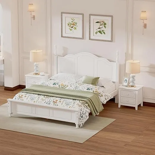 Harper & Bright Designs 3 Pieces Bedroom Sets Queen Size Platform Bed with Headboard and Two Nightstand, Solid Wood Bedroom Furniture Sets for Boys Girls Kids Teens Adults - White