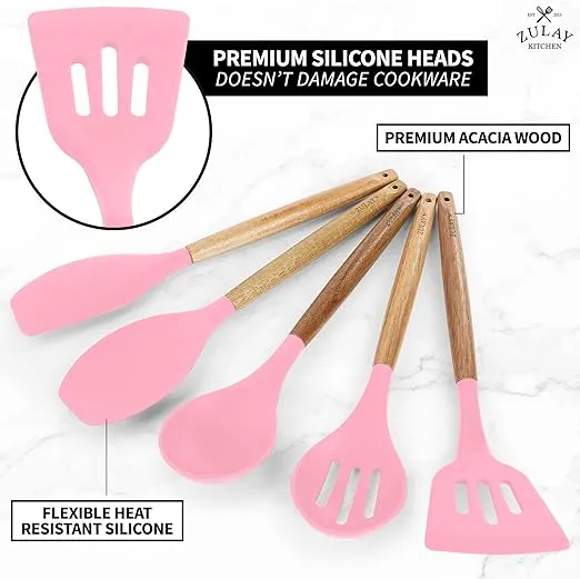 Zulay Kitchen Utensils Set Non-Stick Silicone Cooking Utensils Set with Authentic Acacia Wood Handles - 5 Piece Silicone Utensil Set - Silicone Kitchen Utensils Set with 464°F Heat Resistance - Pink