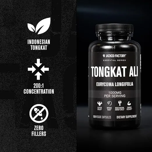 Jacked Factory Indonesian Tongkat Ali - 200:1 Extract Longjack Tongkat Ali for Men to Support Vitality, Improve Mood, Boost Natural Energy Levels, & Enhance Recovery - 120 Capsules