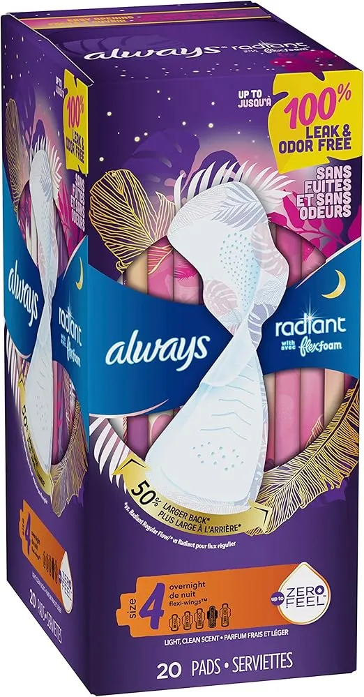 Always Radiant Pads, Size 4, Overnight Absorbency, Scented, 20 Count