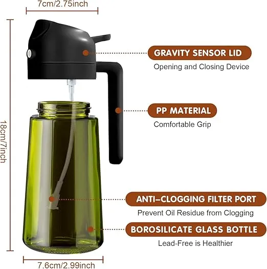 YARRAMATE 16oz/470ml Light-Blocking Dark Oil Sprayer for Cooking, 2 in 1 Olive Oil Dispenser Bottle for Kitchen, Premium Dark Green Glass Oil Bottle, Food-Grade Oil Mister for Air Fryer, BBQ (Black)