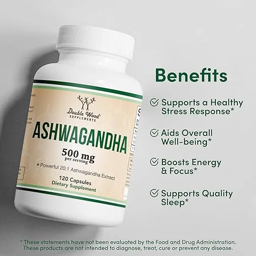 Ashwagandha Capsules, 120 Count (500mg Extract 20:1 Potency, Equivalent to 10,000mg Powder) Adaptogen Stress Relief by Double Wood