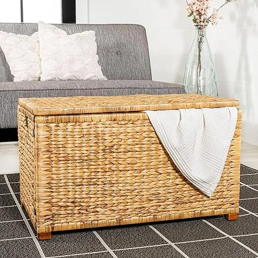 happimess HPM9005A Anada Wicker Weave 30" Storage Trunk, Wooden Frame/Water Hyacinth, Farmhouse, Transitional, Coastal, Rustic for Office, Dorm Room, Living-Room, Bedroom, Dining-Room, Natural