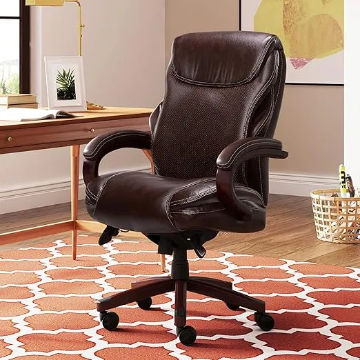 La-Z-Boy Hyland Executive Office Chair with AIR Lumbar Technology, Adjustable High Back Ergonomic Desk Chair with Lumbar Support, Mahogany Wood Finish, Bonded Leather, Brown