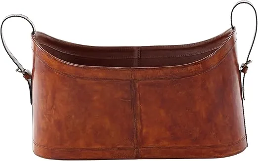 Deco 79 Leather Handmade Box Style Single Slot Magazine Holder with Detail Stitching and Curved Handles, 21" x 9" x 12", Brown