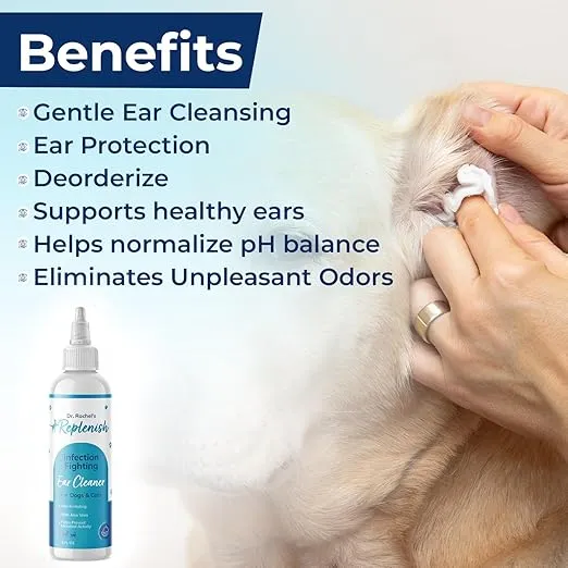 Replenish Ear Cleaner for Dogs and Cats - Dr. Rachel's Alcohol Based Gentle Ear Cleansing Solution with Aloe Vera-Infused Cucumber Melon Scent - 8 oz