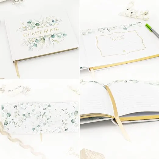 bloom daily planners Wedding Guest Book - 120 Pages Sign-in Registry Log Guestbook (7” x 9”) - Hardbound Cover with Eucalyptus, Gold Foil, Gilded Edges and Gold Page Marker - Boho Greenery
