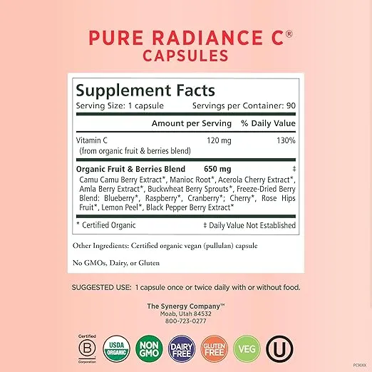PURE SYNERGY Pure Radiance C | Organic Vitamin C Capsules | 100% Natural, Whole Food, Non-GMO Supplement with Camu Camu Extract | for Immune and Collagen Support (90 Capsules)