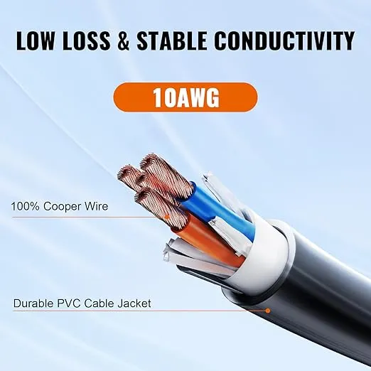 VEVOR 25 Feet RV Power Cord, 30 Amp, Heavy Duty STW 3 * 10AWG Generator Cord, NEMA TT-30P Male NEMA L5-30R Female Plug, for RVs, ETL Listed