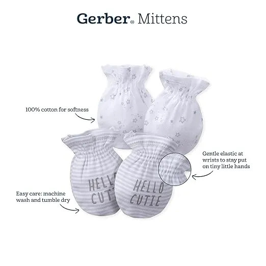 Gerber Baby 8-Pack Scratch Mittens, Pink/Gray/White, 0-3 Months (12-Pack)