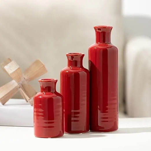 Sullivans Vase Set, Farmhouse Decor, Aesthetic Room Decor, Boho Decor, Vases for Your Kitchen, Bedroom, Office, Living Room & Bathroom, Shelf Decor, Centerpiece Table Decorations, Red Vases (CM2407)