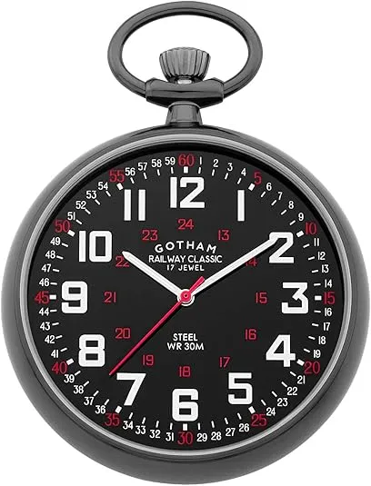 Gotham Men's Gunmetal Stainless Steel Mechanical Hand Wind Railroad Pocket Watch # GWC14100BBK