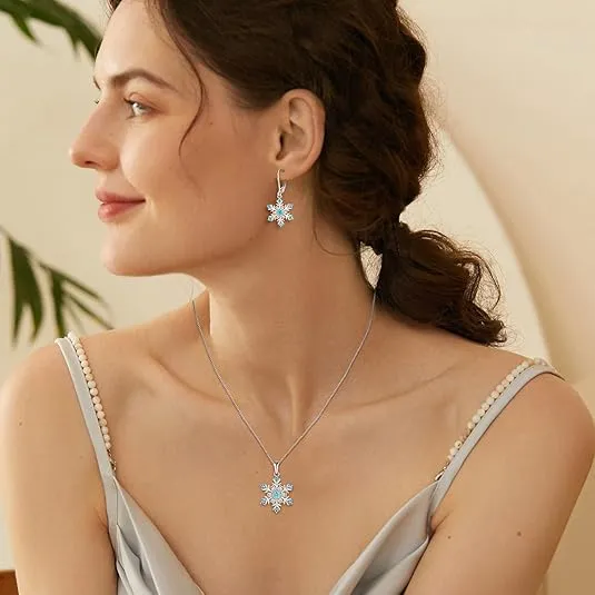Snowflake Earrings 925 Sterling Silver Snowflake Leverback Dangle Drop Earrings Christmas Winter Frozen Flower Jewelry with CZ Blue Aquamarine