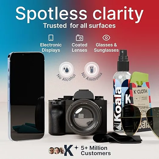 Koala Eyeglass Lens Cleaner Spray Kit | (2x) 8oz + (1x) 2oz Glasses Cleaner Bottle + (3x) Microfiber Cloth | Alcohol Free Eyeglasses, Screen, and Camera Cleaning Kit (6 Piece Set)