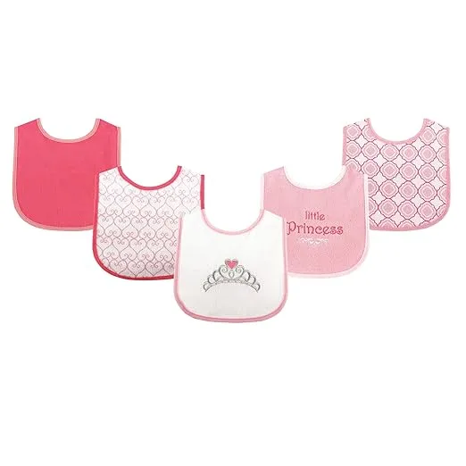 Luvable Friends Unisex Baby Cotton Terry Drooler Bibs with PEVA Back, Princess 5-Pack, One Size