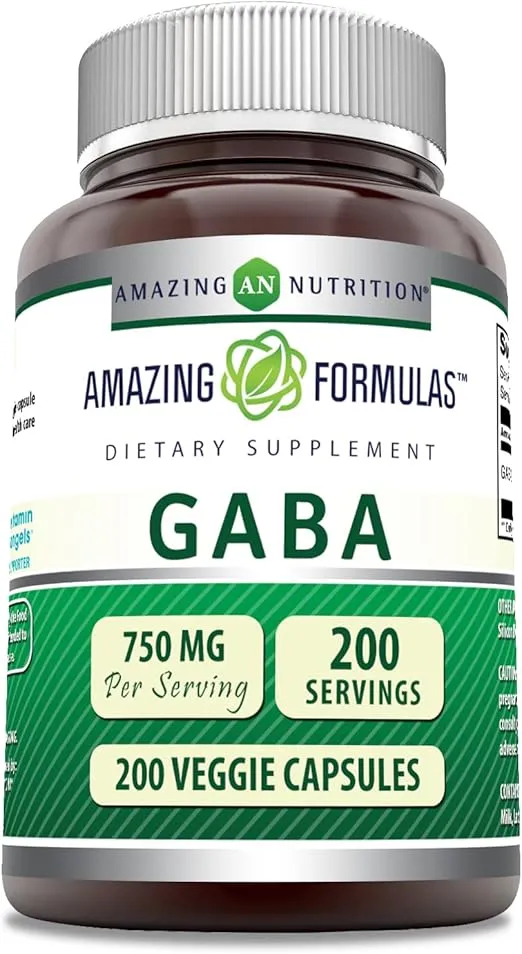 Amazing Formulas GABA 750mg Per Serving Veggie Capsules Supplement | Non-GMO | Gluten Free | Made in USA | Ideal for Vegetarians (200 Count)