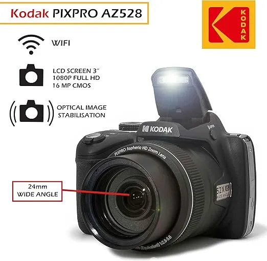 Kodak PIXPRO AZ528 16 MP Full HD Video Digital Camera (Black) with 52x Optical Zoom Bundle with Accessories Including Protective Camera Case, Battery & Charger, 32GB SD Card, Tripod and More