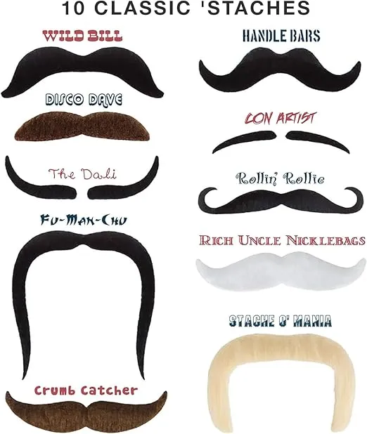 Mr. Moustachio's Top 10 Manliest Mustaches of All Time Assortment,Black,One-Size