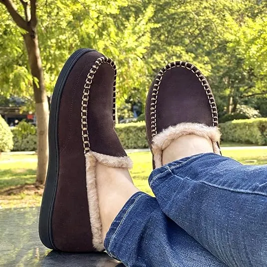 Men's Moccasin Slippers Fuzzy House Shoes Fluffy Fur Home Warm Memory Foam Indoor Outdoor