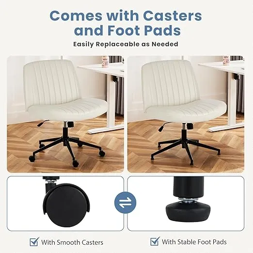 DUMOS Criss Wheels Cross Legged Armless Wide Dual-Purpose Base, Adjustable Swivel Leather Task Vanity Home Office Desk Chair, Cream