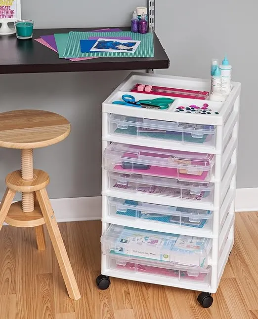 IRIS USA Fits 12" x 12" Paper, 6-Tier Scrapbook Rolling Storage Cart with Organizer Top for Papers Vinyl Tools Office Art and Craft Supplies, Yarn, White Frame with 6 Clear Cases w/ Built in Handle