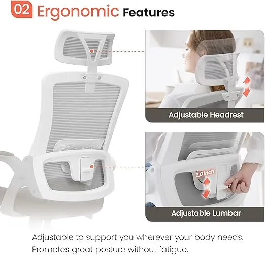 NEO CHAIR Office High Back Mesh Headrest Adjustable Height and Ergonomic Design Home Office Computer Desk Executive Lumbar Support Padded Flip-up Armrest Swivel (Beige)
